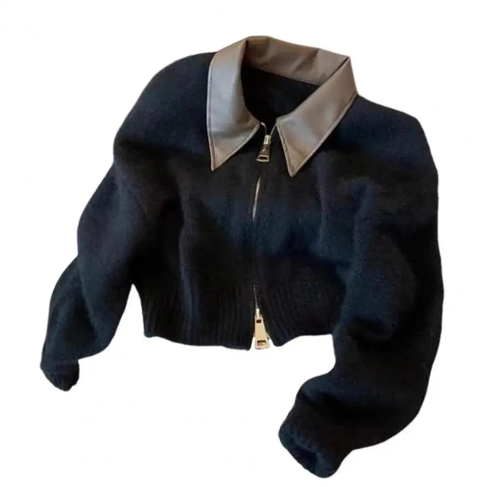 Pull “Soraya” - Cardigan zippé en maille douce à col cuir vintage Neyvora